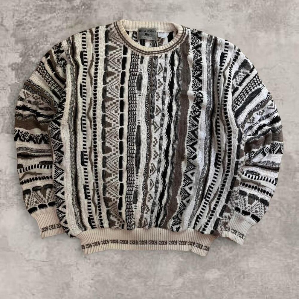 Coogi Original Style Uomo White Knit Sweater Size L Boxy Cropped White jumper